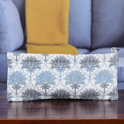 Cotton cosmetic bag, 'Dream of Lotus' (mini) - Lotus-Themed Trellis-Patterned Blue Mini Cotton Cosmetic Bag