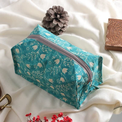 Cotton toiletry case, 'Teal Flowering' - Floral Teal Block-Printed Cotton Toiletry Case Travel Pouch