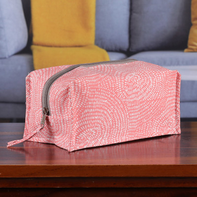 Cotton toiletry case, 'Spiral Sweet' - Block-Printed Pink Cotton Toiletry Case and Travel Pouch