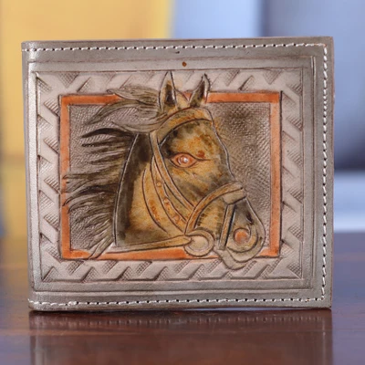 Men's leather wallet, 'Horse Grandeur' - Horse-Inspired Olive Green 100% Leather Wallet from India