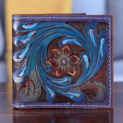 Leather wallet, 'Floral Waves' - Handcrafted Floral Bifold Leather Wallet in Indigo and Teal