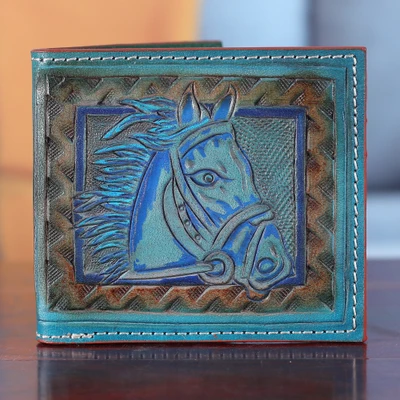 Men's leather wallet, 'Horse Nobility' - Men's Horse-Themed Teal Turquoise Leather Wallet from India