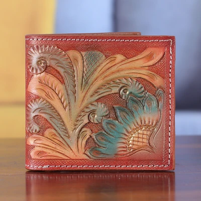 Leather wallet, 'Sunflower Evenings' - 100% Leather Wallet with Hand-Tooled Baroque Floral Motifs