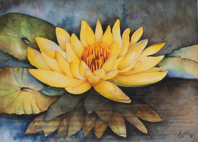 'Golden Bloom' - Watercolor on Paper Artwork of a Blooming Yellow Water Lily