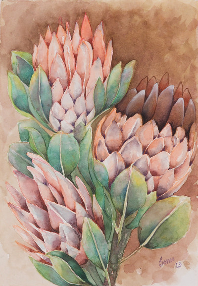 'Protea Splendour' - Watercolor on Paper Painting of Protea Flowers with Leaves