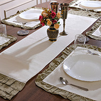 Cotton table runner and placemat set, 'Green Classic Elegance' (7 pieces) - 7-Piece Ruffled Green White Cotton Table Runner Placemat Set