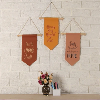 Cotton wall hangings, 'Positive Vibes' (set of 3) - Set of 3 Cotton Wall Hangings with Inspirational Quotes