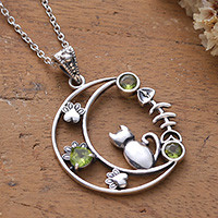 Peridot pendant necklace, 'Feline Crescent Dreams' - Cat and Crescent Moon-Themed Peridot Silver Pendant Necklace