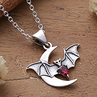 Men's garnet pendant necklace, 'Crescent Guardian' - Bat and Moon-Themed Men's Garnet Silver Pendant Necklace