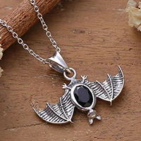 Men's spinel pendant necklace, 'Mystic Flight' - Bat Halloween-Themed Men's Spinel Silver Pendant Necklace