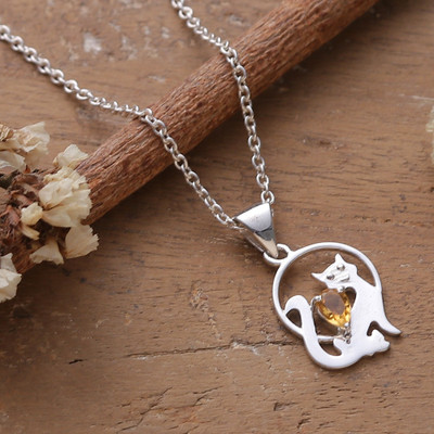Citrine pendant necklace, 'Feline Poise' - Whimsical Silver Cat Pendant Necklace with Citrine Gemstone