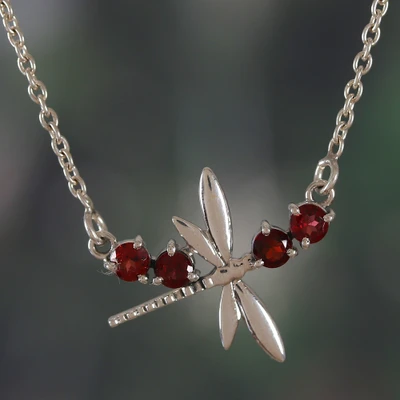 Garnet pendant necklace, 'Dragonfly Seduction' - Dragonfly-Themed Natural Crimson Garnet Pendant Necklace