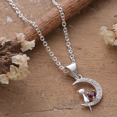 Garnet pendant necklace, 'Feline Moon' - Garnet and Cubic Zirconia Cat-and-Moon Pendant Necklace
