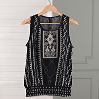 Embellished modal top, 'Easy Evening Glam' - Beaded Black and White Embroidered Sleeveless Modal Top