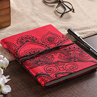 Handmade paper journal, 'Crimson Prime' - Traditional Floral Crimson and Black Handmade Paper Journal