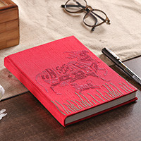 Handmade paper journal, 'Kamadhenu in Strawberry' - Kamadhenu-Themed Strawberry 58-Page Handmade Paper Journal