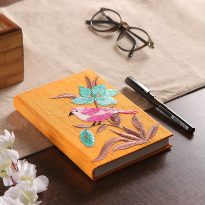 Handmade paper journal, 'Essence of Marigold Nature' - Nature-Themed Marigold Embroidered Handmade Paper Journal