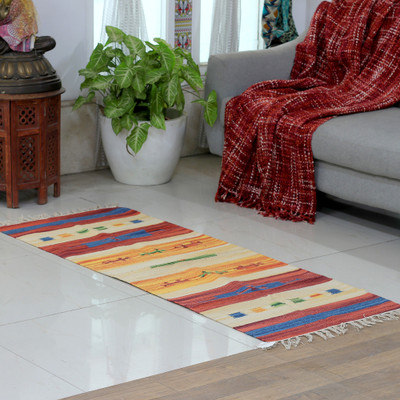 Cotton dhurrie rug, 'Sunset Feelings' (2x5) - Artisan-Made 2x5 Striped 100% Cotton Fringed Dhurrie Rug