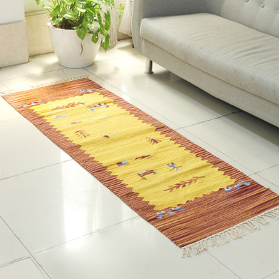 Cotton dhurrie runner rug, 'Pastoral Harmony' (2x6) - Folk Art-Inspired 2x6 100% Cotton Fringed Dhurrie Runner Rug