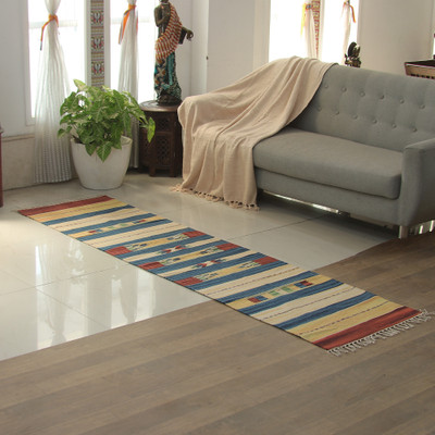 Cotton dhurrie runner, 'Geometric Floral Harmony' (2x7) - Handwoven Geometric Fringed Cotton Dhurrie Runner (2x7)