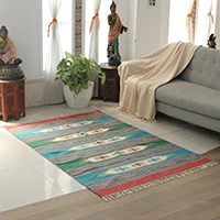 Cotton dhurrie area rug, 'Blue Waves' (4x6) - Colorful Handwoven Geometric Cotton Dhurrie Area Rug (4x6)