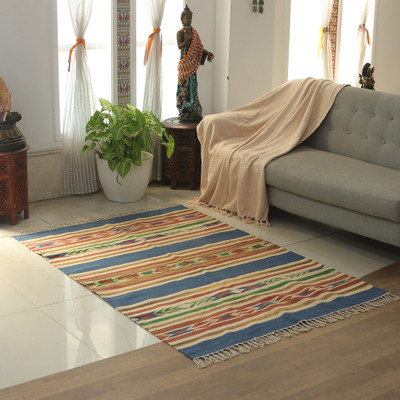 Cotton dhurrie area rug, 'Fabulous Fusion' (4x6) - Hand-Woven Geometric Cotton Dhurrie Rug with Fringes (4x6)