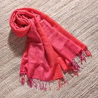 Wool shawl, 'Cherry Attraction' - Textured Wool Shawl in Red Shades with Fringes from India
