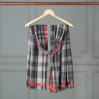 Wool shawl, 'Checkered Elegance' - Checkered Plaid Tartan Fringed Wool Shawl with Red Borders