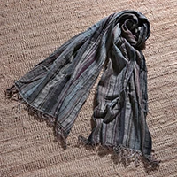 Wool shawl, 'Evening Flair' - Striped Patchwork Fringed Woven Grey Brown Wool Shawl