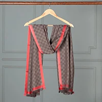 Wool shawl, 'Checkered Delight' - Checkerboard-Patterned Wool Shawl with Red Border and Fringe