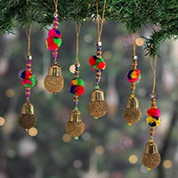 Brass ornaments, 'Golden Disco Balls' (set of 6) - 6 Brass Mesh Beaded Christmas Ornaments with Pom-Poms
