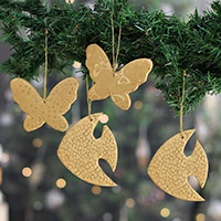 Embossed ornaments, 'Wings and Fins' (set of 4) - 4 Embossed Faux Leather Butterfly Fish Christmas Ornaments