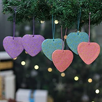 Handmade paper ornaments, 'Pastel Hearts' (set of 6) - 6 Heart Vine-Themed Handmade Paper Ornaments in Pastel Hues