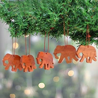 Wood ornaments, 'Elephant Enchantment' (set of 5) - 5 Hand-Carved Wood Christmas Ornaments with Elephant Motif