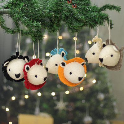 Wool felt ornaments, 'Lion Cheers' (set of 6) - Lion-Shaped 6-Piece Multicolor 100% Wool Felt Ornament Set