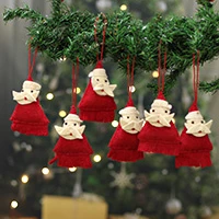 Wool felt ornaments, 'Festive Claus' (set of 6) - Santa Claus-Themed 6-Piece Red 100% Wool Felt Ornament Set