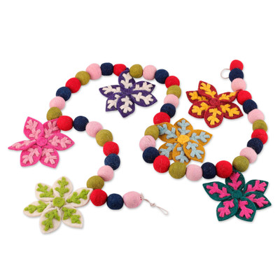 Wool felt garland, 'Snowflake Celebration' - Multicolor Palette Snowflake Wool Felt Garland Made in India