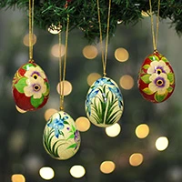 Papier mache ornaments, 'Floral Cheers' (set of 4) - 4 Papier Mache Ornaments with Hand-Painted Floral Motifs