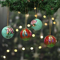 Papier mache ornaments, 'Floral Joy' (set of 4) - 4 Floral-Themed Painted Papier Mache Christmas Ornaments