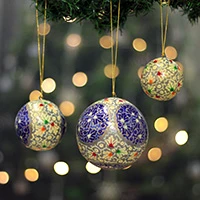 Papier mache ornaments, 'Days of Charm' (set of 3) - Hand-Painted 3-Piece Papier Mache Ornament Set from India
