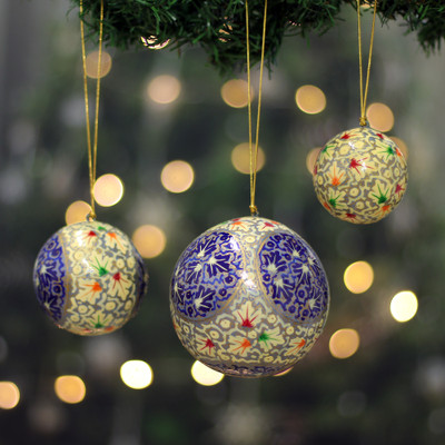 Papier mache ornaments, 'Days of Charm' (set of 3) - Hand-Painted 3-Piece Papier Mache Ornament Set from India