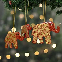 Wood ornaments, 'Merry Elephants' (set of 3) - 3 Kashmiri Folk Art Elephant-Themed Wood Christmas Ornaments