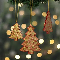 Wood ornaments, 'Kashmir Christmas' (set of 3) - 3 Christmas Pinetree Kashmiri Folk Art-Themed Wood Ornaments