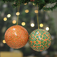Papier mache ornaments, 'Festive Season' (set of 2) - Leafy-Patterned 2-Piece Christmas Papier Mache Ornament Set