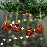 Papier mache ornaments, 'Floral Eve' (set of 4) - Floral 4-Piece Crimson and Golden Papier Mache Ornament Set