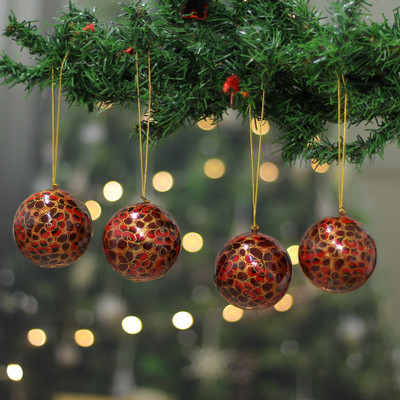 Papier mache ornaments, 'Floral Eve' (set of 4) - Floral 4-Piece Crimson and Golden Papier Mache Ornament Set