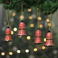 Papier mache ornaments, 'Bells of Christmas' (set of 4) - Persian-Inspired 4-Piece Papier Mache Bell Ornament Set
