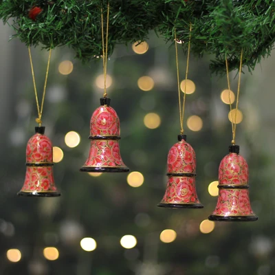 Papier mache ornaments, 'Bells of Christmas' (set of 4) - Persian-Inspired 4-Piece Papier Mache Bell Ornament Set