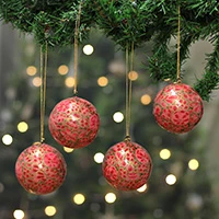 Papier mache ornaments, 'Prime Kashmir' (set of 4) - Golden and Pink Floral 4-Piece Papier Mache Ornament Set