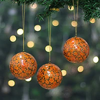 Papier mache ornaments, 'Holiday Evenings' (set of 3) - Painted 3-Piece Orange and Golden Papier Mache Ornament Set